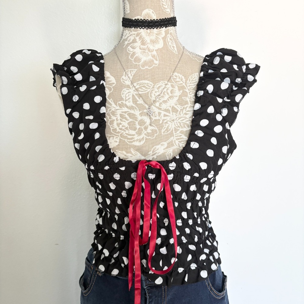 Unbranded Black White Polka Dot Smocked Off Shoulder Crop Top Sz XS-S